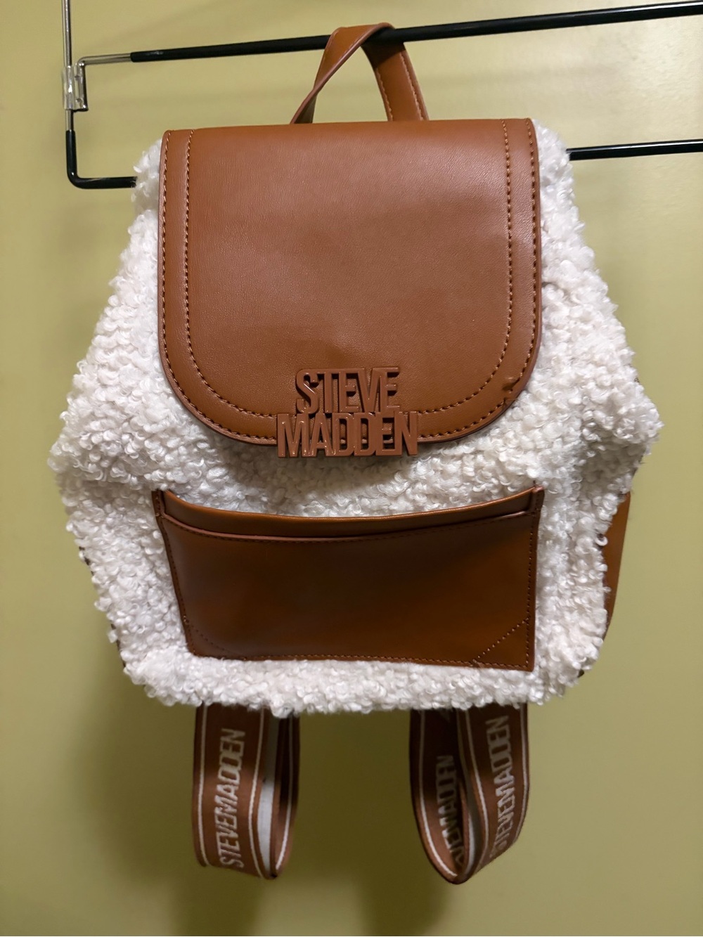 Steve Madden White Cream and Brown Faux Shearling Backpack